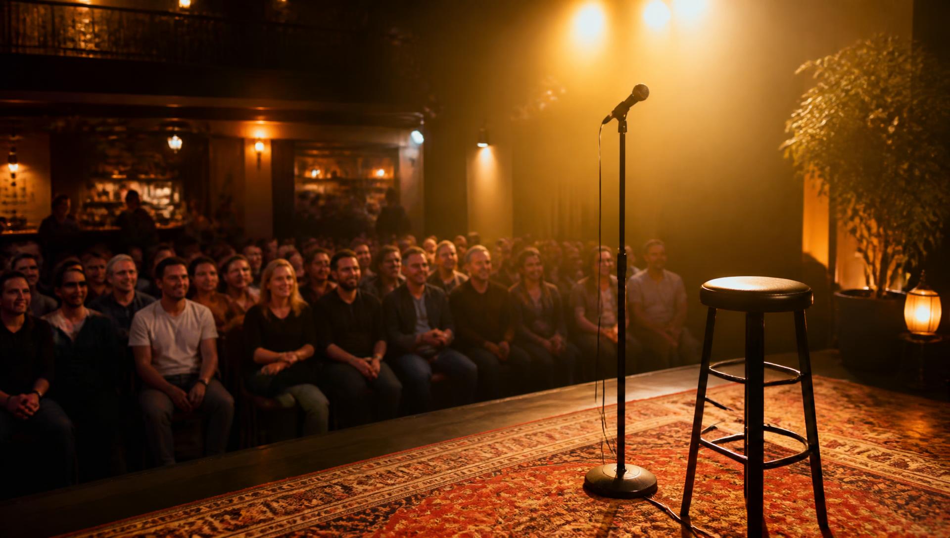 Warm stage lighting before a conversation with an audience